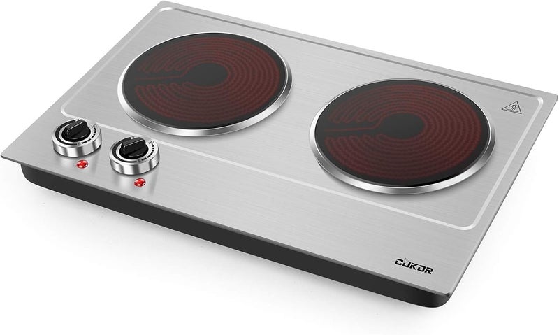 CUKOR Electric Hot Plate, 1800W Portable Electric Stove,Infrared Double Burner,Heat-up In Seconds,7.1 Inch Ceramic Glass Double Hot Plate Cooktop for Dorm Office Home Camp, Compatible w/All Cookware - Image 1